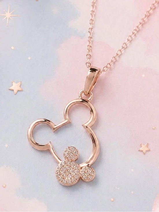 Jewelry - Mickey & Minnie Head Rose Gold Rhinestone Necklace 18” Stainless Steel Disney